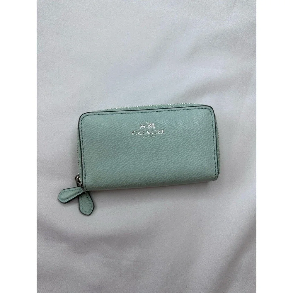 Coach Small Zip Around Pebbled Leather Wallet Card Holder Case Light Green Pool